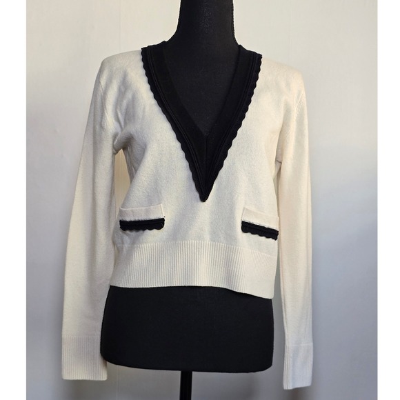 Sandro Womens Wool Cashmere V-Neck Sweater Size 0 Ivory Black Trim As Seen on TV - Picture 3 of 12